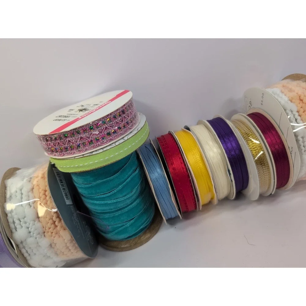 15 Spools Of  Ribbon Lot Purple Crochet Beaded Velvet Etc